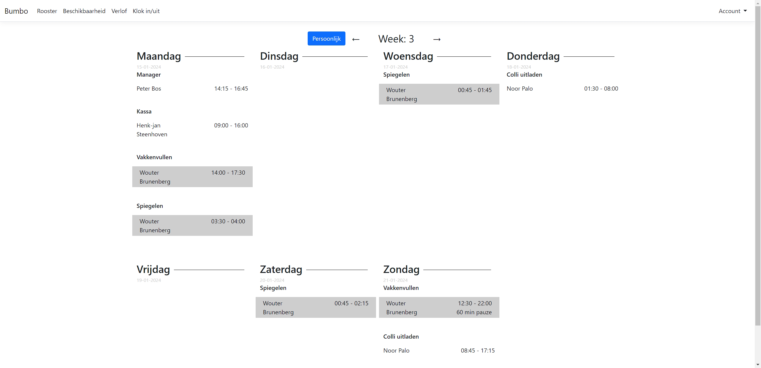 Bumbo schedule page