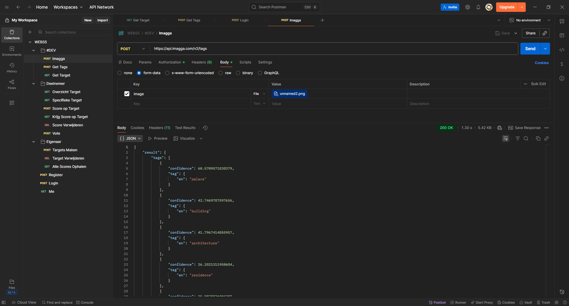 Postman Imagga tags request