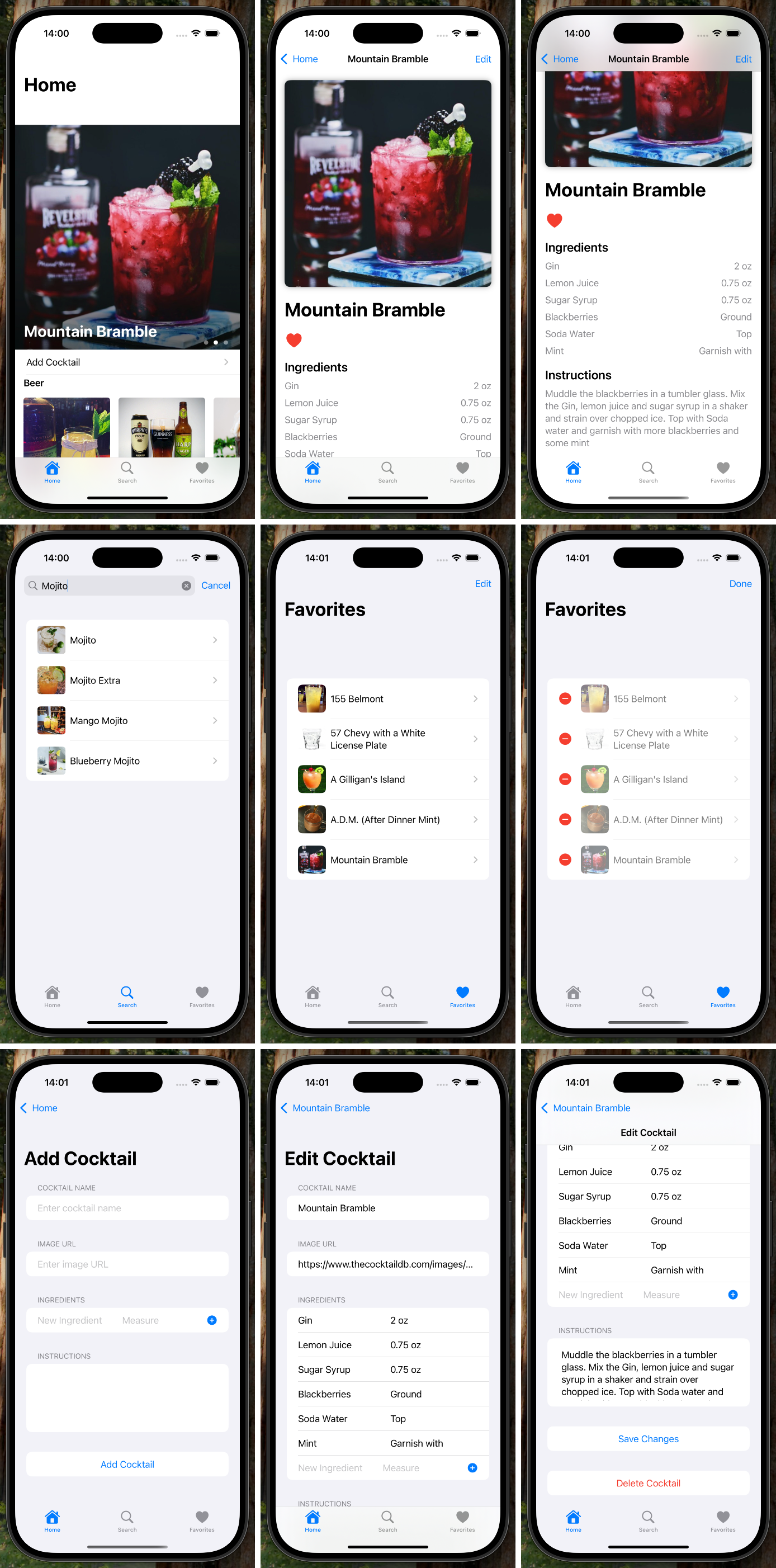 Screenshots of all pages of the app